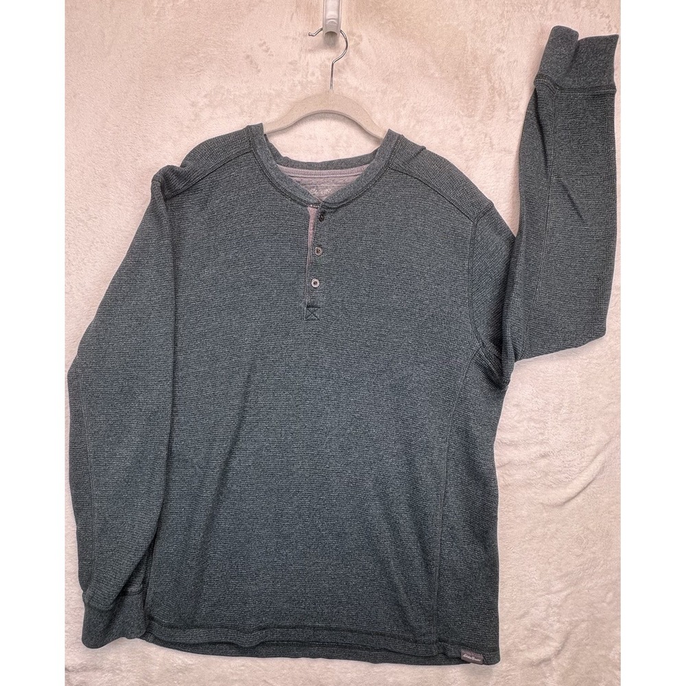 Eddie Bauer Thermal Henley Shirt Men's XL Green Waffle Knit Long Sleeve